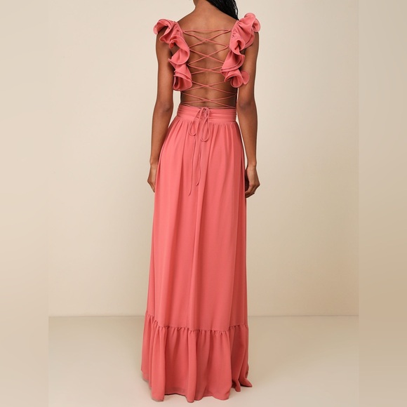 Lulu’s Large Soiree Celebration Rusty Rose Ruffled Lace-Up Maxi Dress - Picture 8 of 11